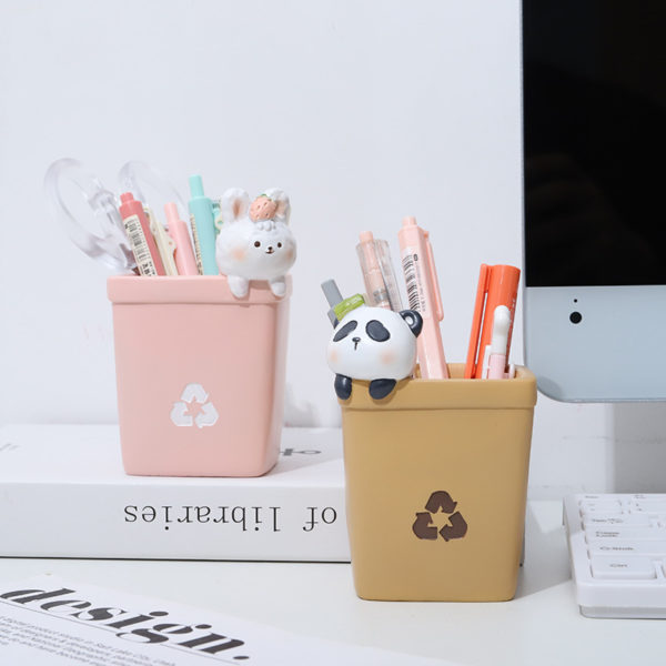 Dustbin Shaped Resin Pen Holder With Cartoon Animals