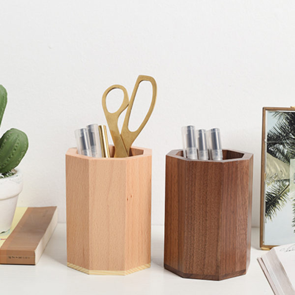 Wooden Polygonal Pen Holder Makeup Brush Container