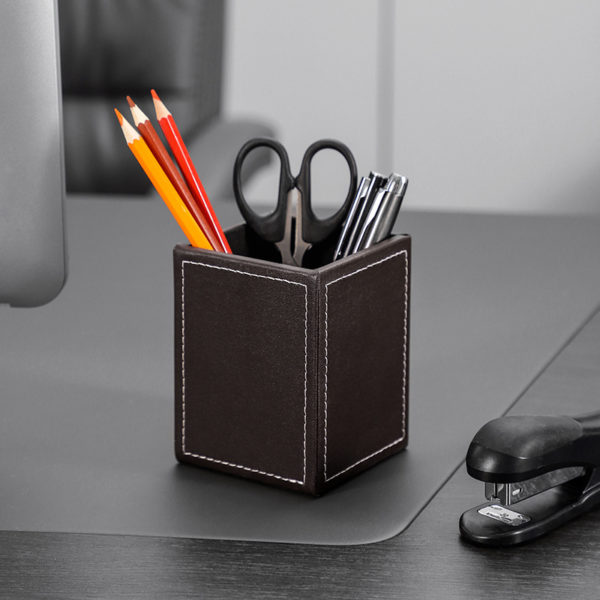 PU Black & Brown Cuboid Pen Holder Makeup Brush Container