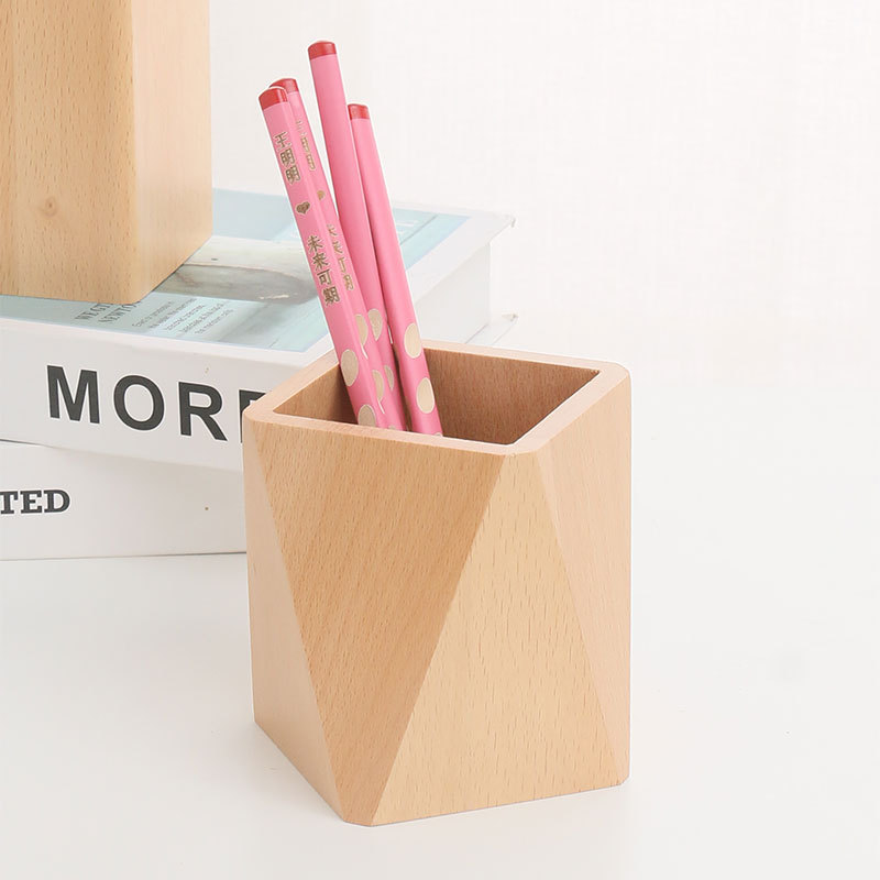 2. Wooden Geometric Shape Pen Holder Makeup Brush Holder