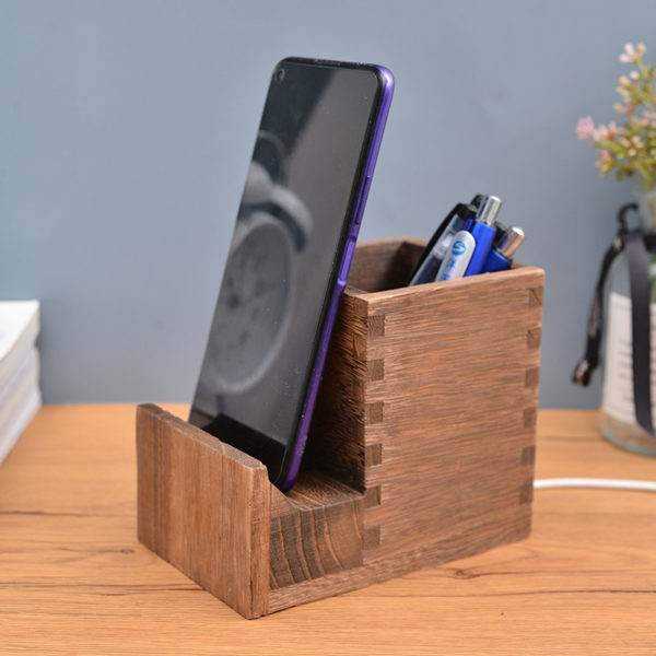 Wooden Pen Holder With Phone Stand