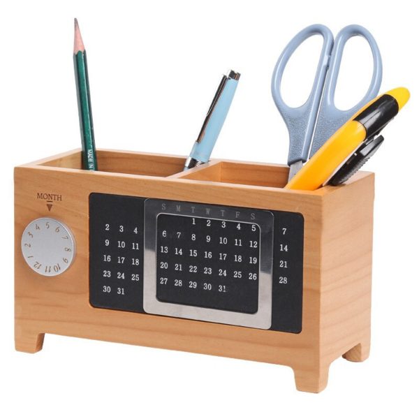 Wooden Double Pen Holder With Calendar