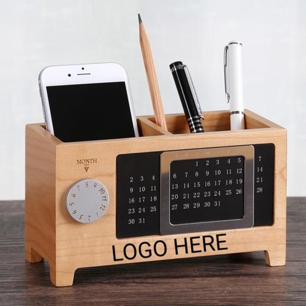 Wooden Double Pen Holder With Calendar