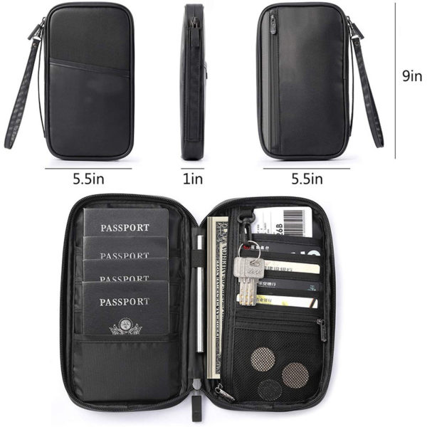 Black Large Capacity Waterproof FRID ID and Passport Holder Wallet with Lanyard