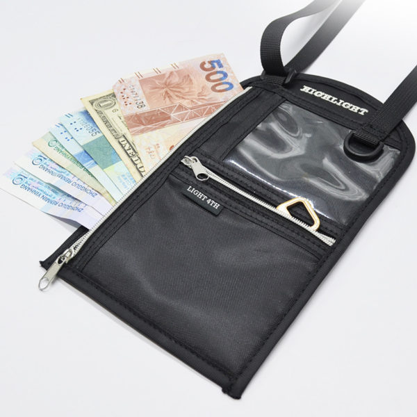 Black Hanging Travel Waterproof ID and Passport Holder Wallet with Lanyard