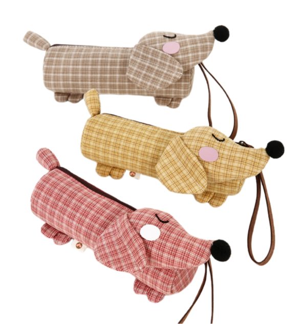 Creative Cute Dachshund Shaped Zipper Pen Pouch with Lanyard