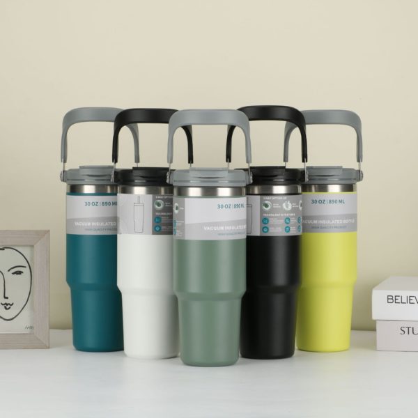 Multicolor Portable Stainless Steel Car Vacuum Bottle with Handle and Straw