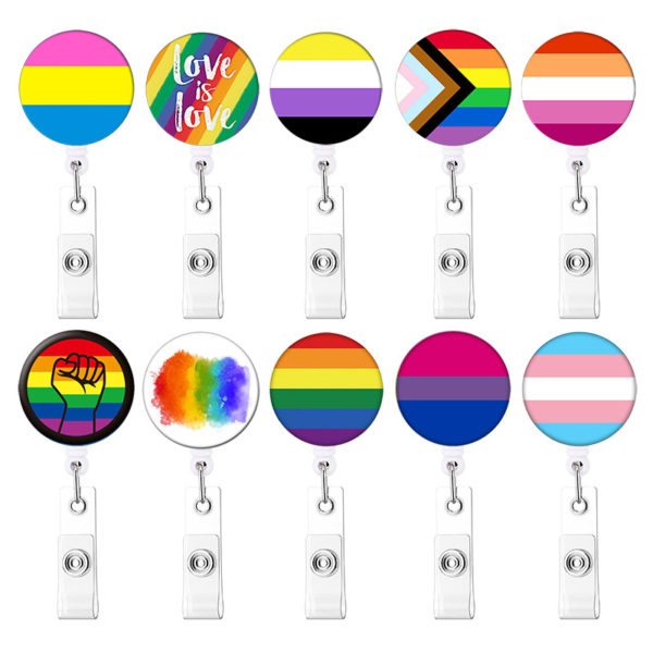 Rainbow Retractable Round Badge Reel w/ Belt Clip & Hanging Loop