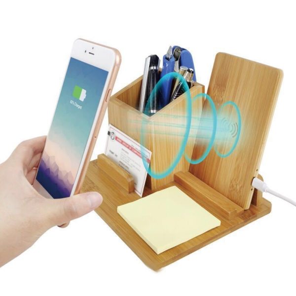 Wooden Desktop Organizer W/ Pen Holder Wireless Charging Pad