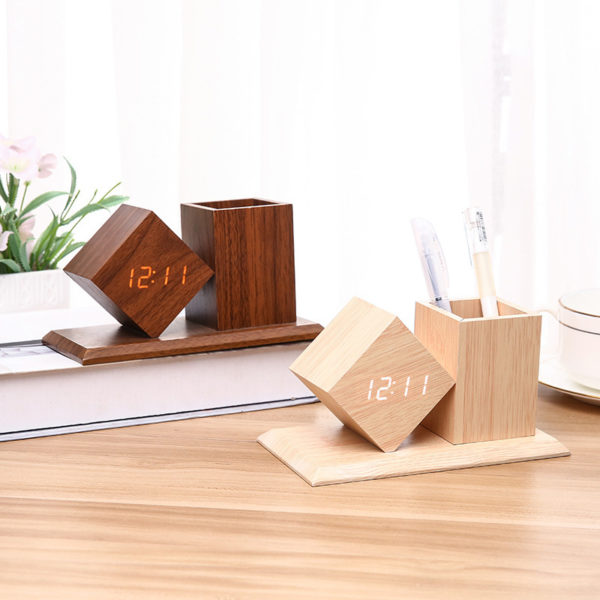 Wooden Digital Desk Clock with Pen Holder