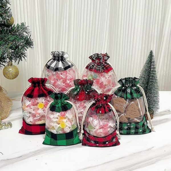 Christmas Cotton Linen Plaid Window Bag