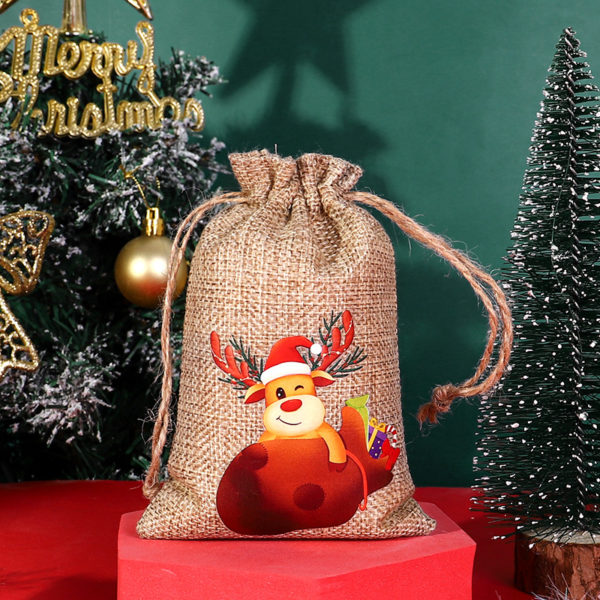 Christmas Decorated Burlap Drawstring Bag