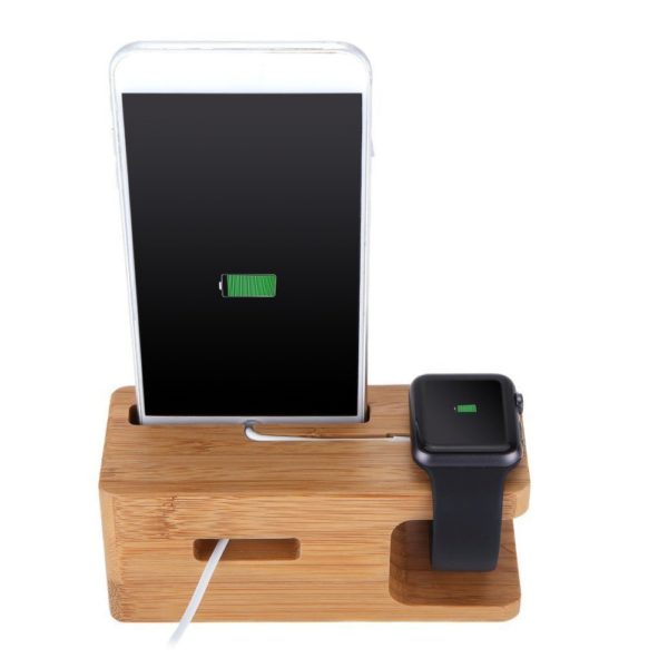 Bamboo Cell Phone Stand W/Watch Charging Slot