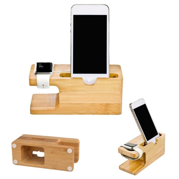 Bamboo Cell Phone Stand W/Watch Charging Slot