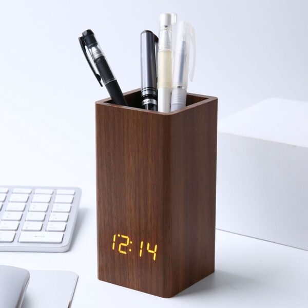 Sound-activated LED Wooden Desk clock with Pen Holder