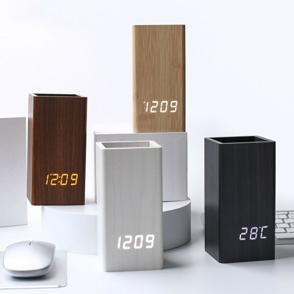 Sound-activated LED Wooden Desk clock with Pen Holder