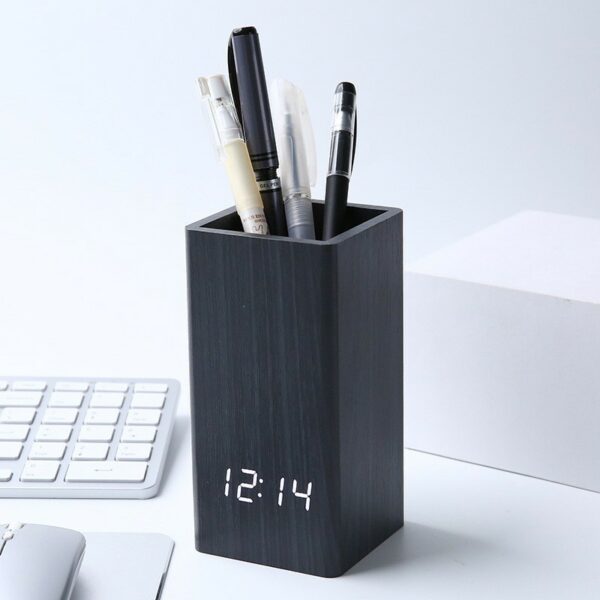 Sound-activated LED Wooden Desk clock with Pen Holder