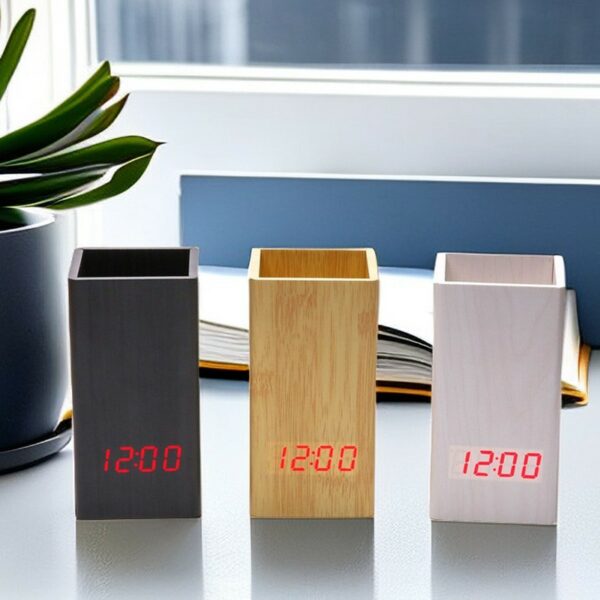 Sound-activated LED Wooden Desk clock with Pen Holder