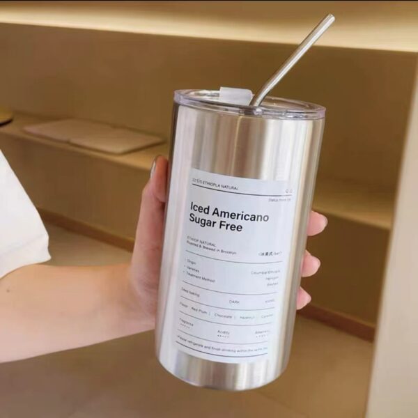 Stainless Steel Ice Americano Coffee Mug Double Layer Vacuum Cup with Straw