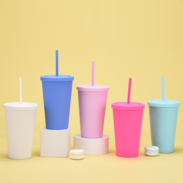 New Candy-color Double Plastic Straw 16OZ Drinking Cup