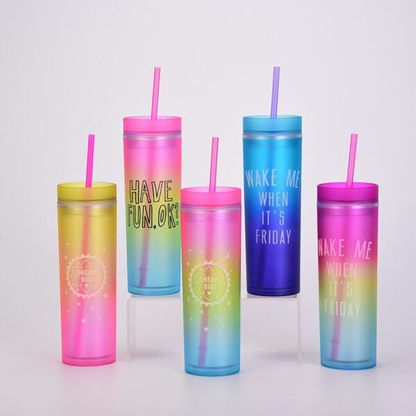 Gradient Rainbow Color Mug Straight Double Layer Plastic Cup Colorful Straw Bottle