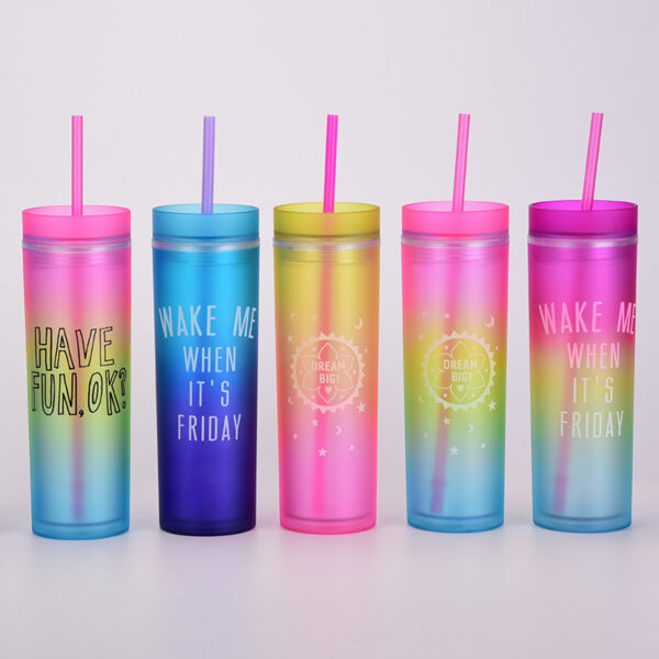 Gradient Rainbow Color Mug Straight Double Layer Plastic Cup Colorful Straw Bottle