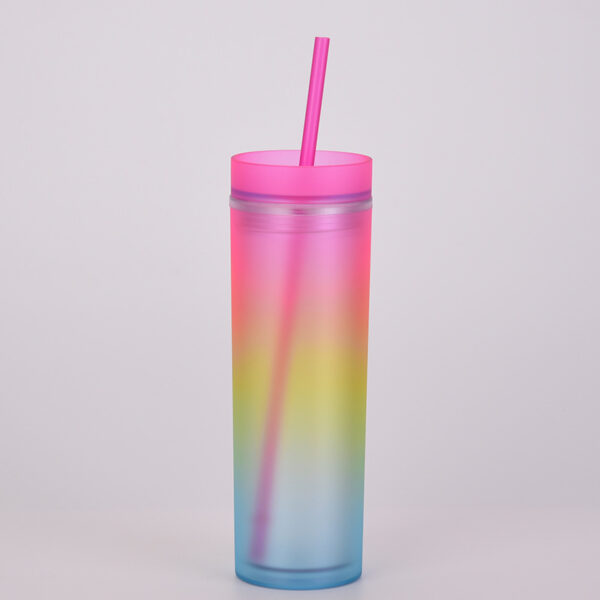 Gradient Rainbow Color Mug Straight Double Layer Plastic Cup Colorful Straw Bottle