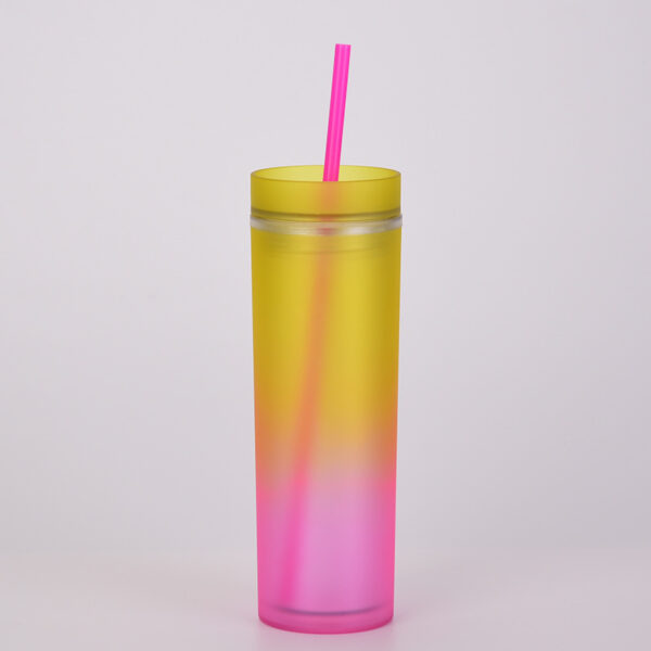 Gradient Rainbow Color Mug Straight Double Layer Plastic Cup Colorful Straw Bottle