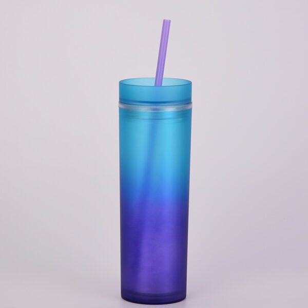 Gradient Rainbow Color Mug Straight Double Layer Plastic Cup Colorful Straw Bottle