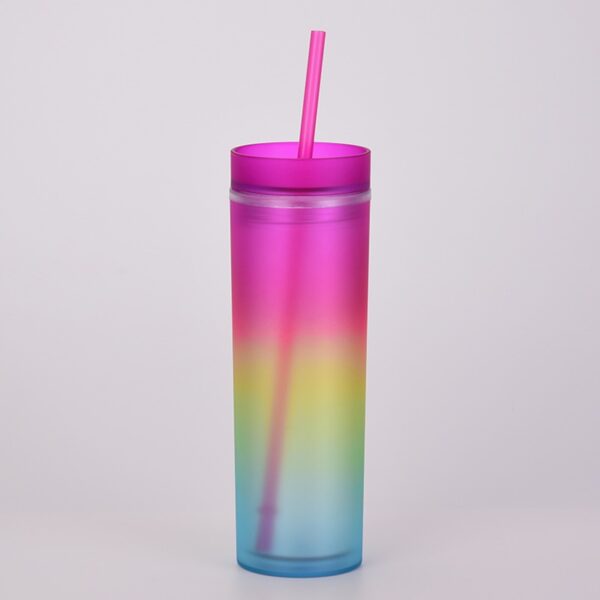 Gradient Rainbow Color Mug Straight Double Layer Plastic Cup Colorful Straw Bottle