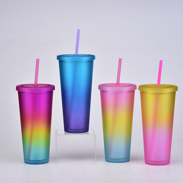 Rainbow Color Double Layer Plastic Straw Mug Frosted Handy Cup Outdoor Sports Bottle