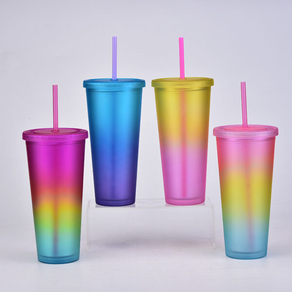 Rainbow Color Double Layer Plastic Straw Mug Frosted Handy Cup Outdoor Sports Bottle