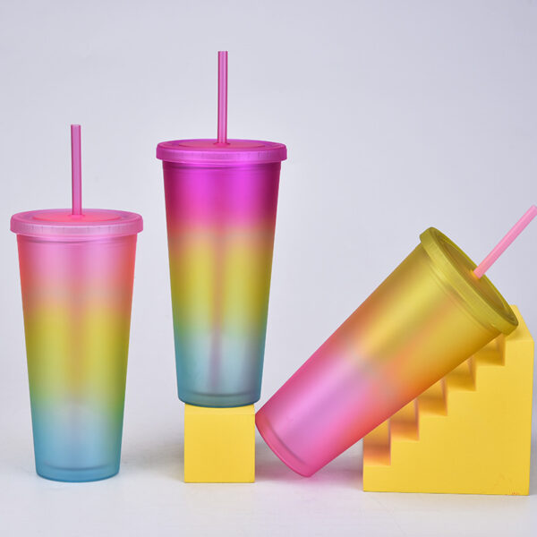 Rainbow Color Double Layer Plastic Straw Mug Frosted Handy Cup Outdoor Sports Bottle