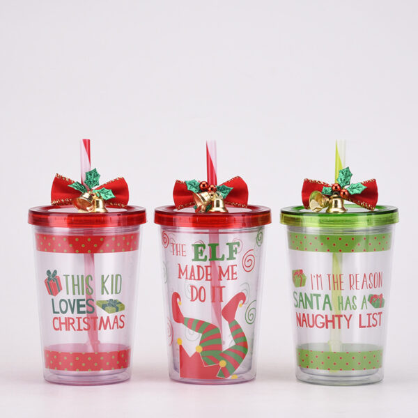 Christmas Double Layer Plastic Straw Mugs Gifting Handy Mugs