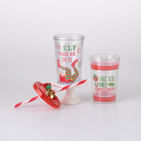 Christmas Double Layer Plastic Straw Mugs Gifting Handy Mugs