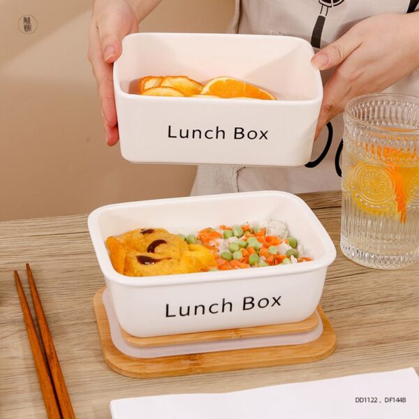 Simple Ceramic Lunch Box with Wooden Lid