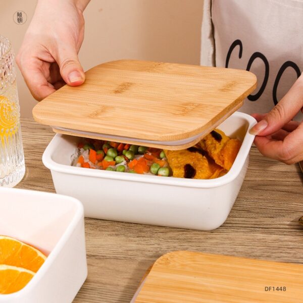 Simple Ceramic Lunch Box with Wooden Lid