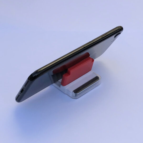 Mini desktop cell phone holder with built in wipe