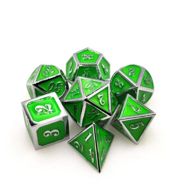 Customizable Green Zinc Alloy DND 7-Piece Dice Set with Silver Edges