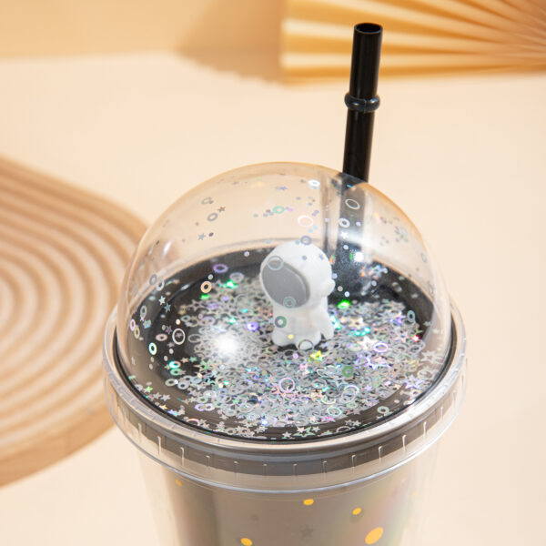 Double-Layer Astronaut PS Straw Cup with Glitter