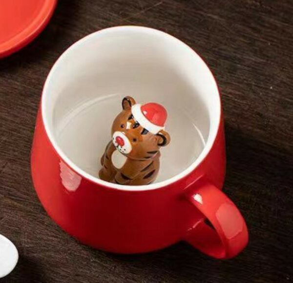 Red Ceramic Mug with Tiger Figurine