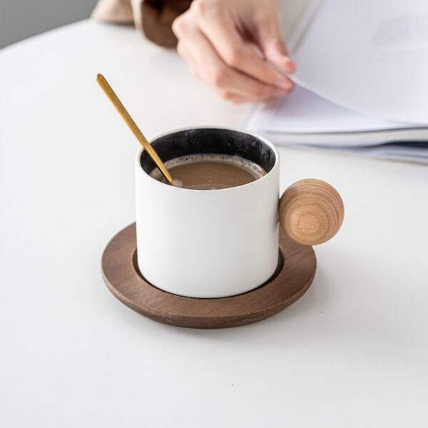 Custom Mini Ceramic 10oz Coffee Cup with Wood Saucer Set - Image 2