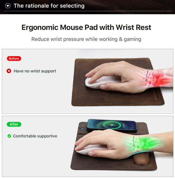 Crazy Horse Leather Wireless Charging Mouse Pad with Wrist Rest - Image 3