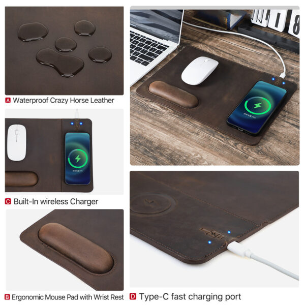 Crazy Horse Leather Wireless Charging Mouse Pad with Wrist Rest - Image 5